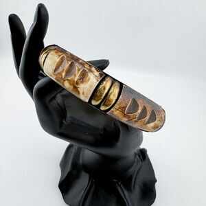 Vintage Hand-Carved Wood Brass Bangle Rustic Statement Bracelet Retro